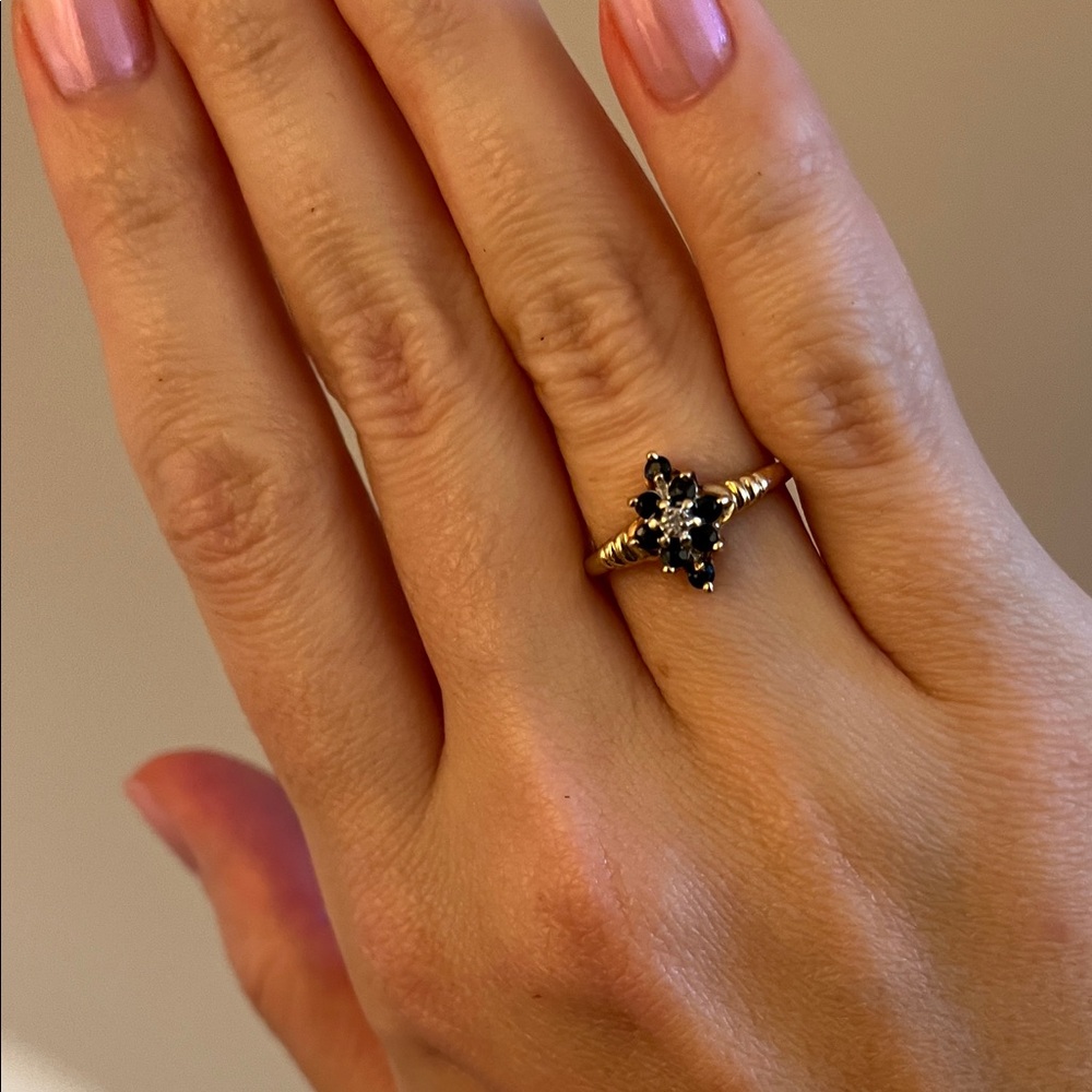 Vintage Blue Gemstone Diamond Ring 10k Gold size 5 marquise shape star dainty